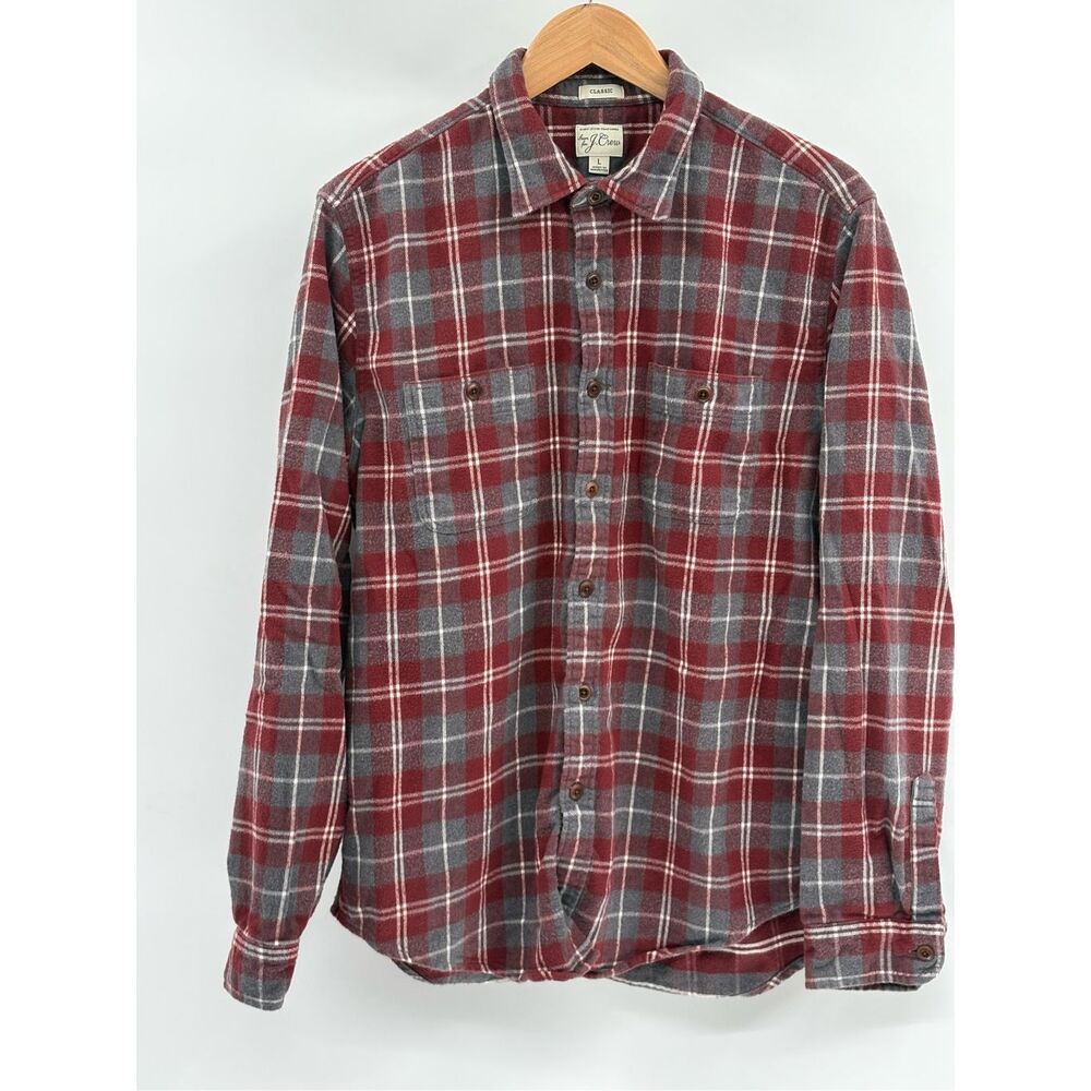 J.‎ Crew Flannel Button Down Shirt Men Large Red Gray Long Sleeve Outdoors Plaid